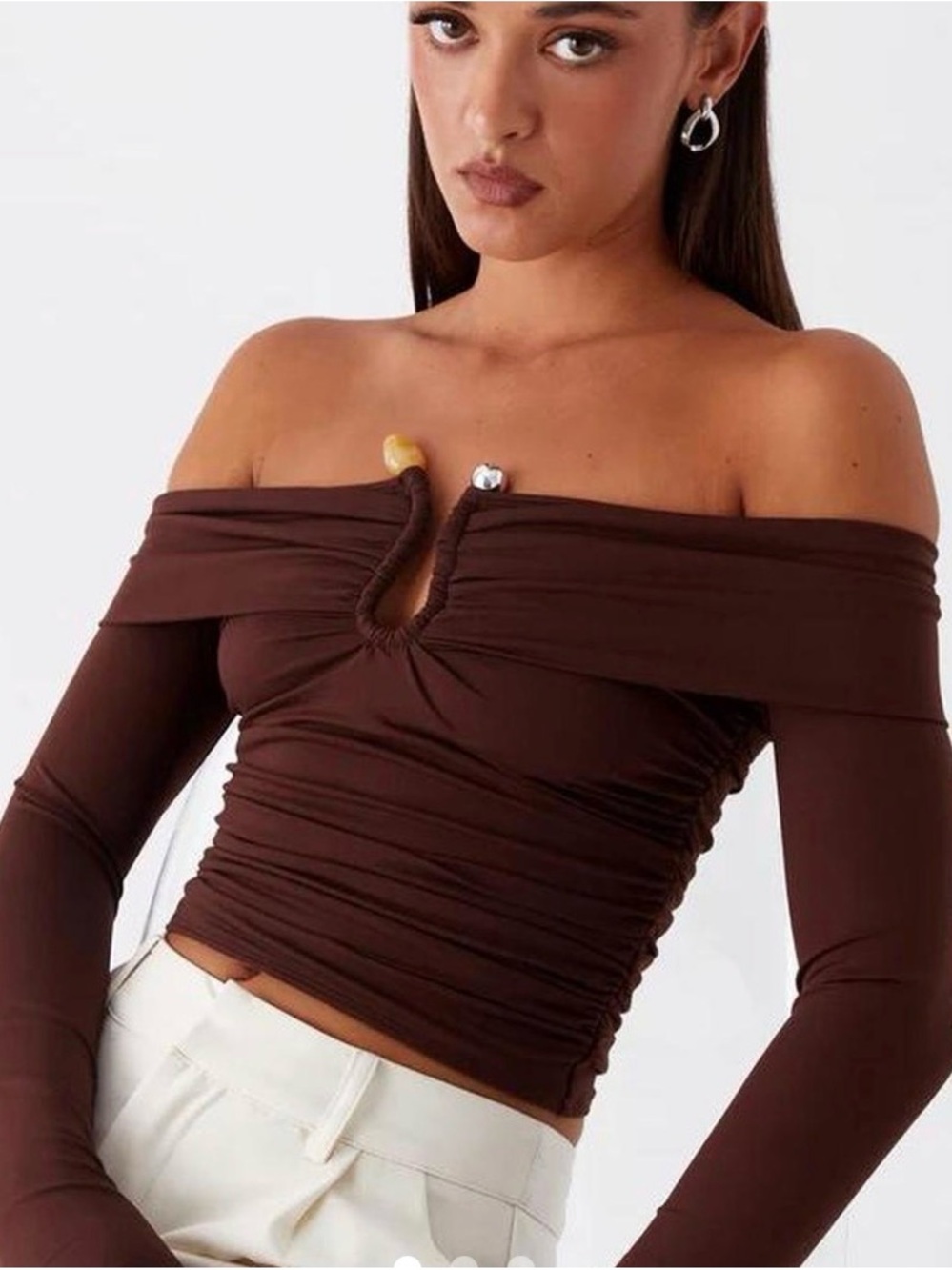 Peppermayo Off-Shoulder Rudy Long Sleeve Top - Chocolate Brown